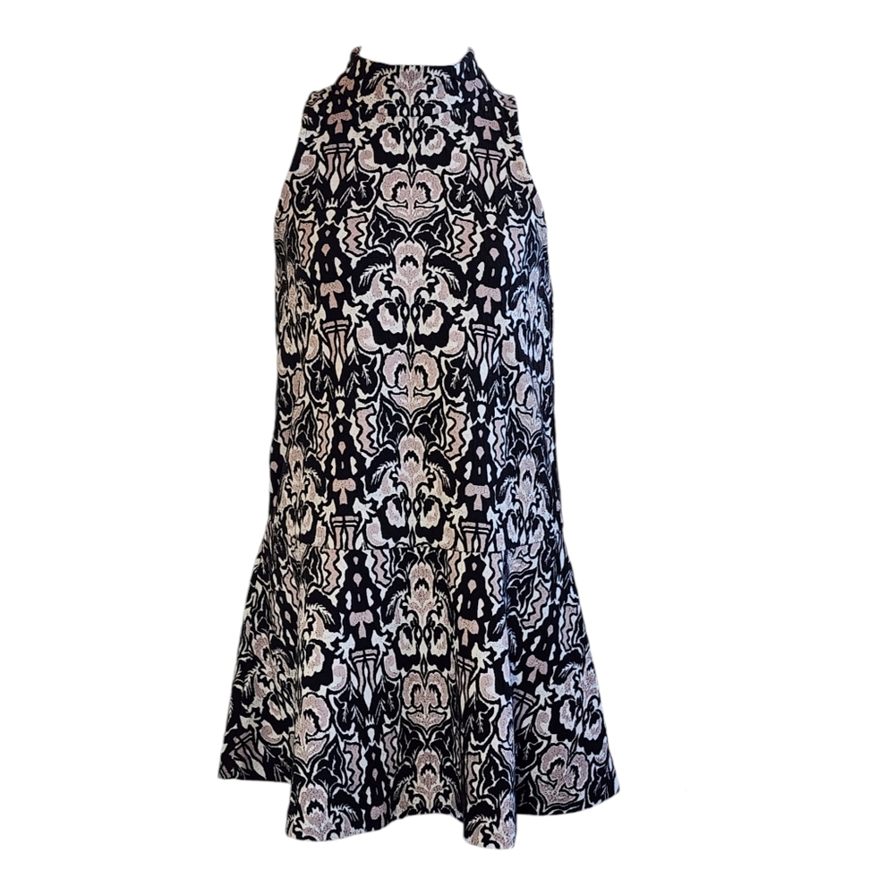 Free People Sz S Pullover High Neck Geometric Floral Jersey Sweater Dress.